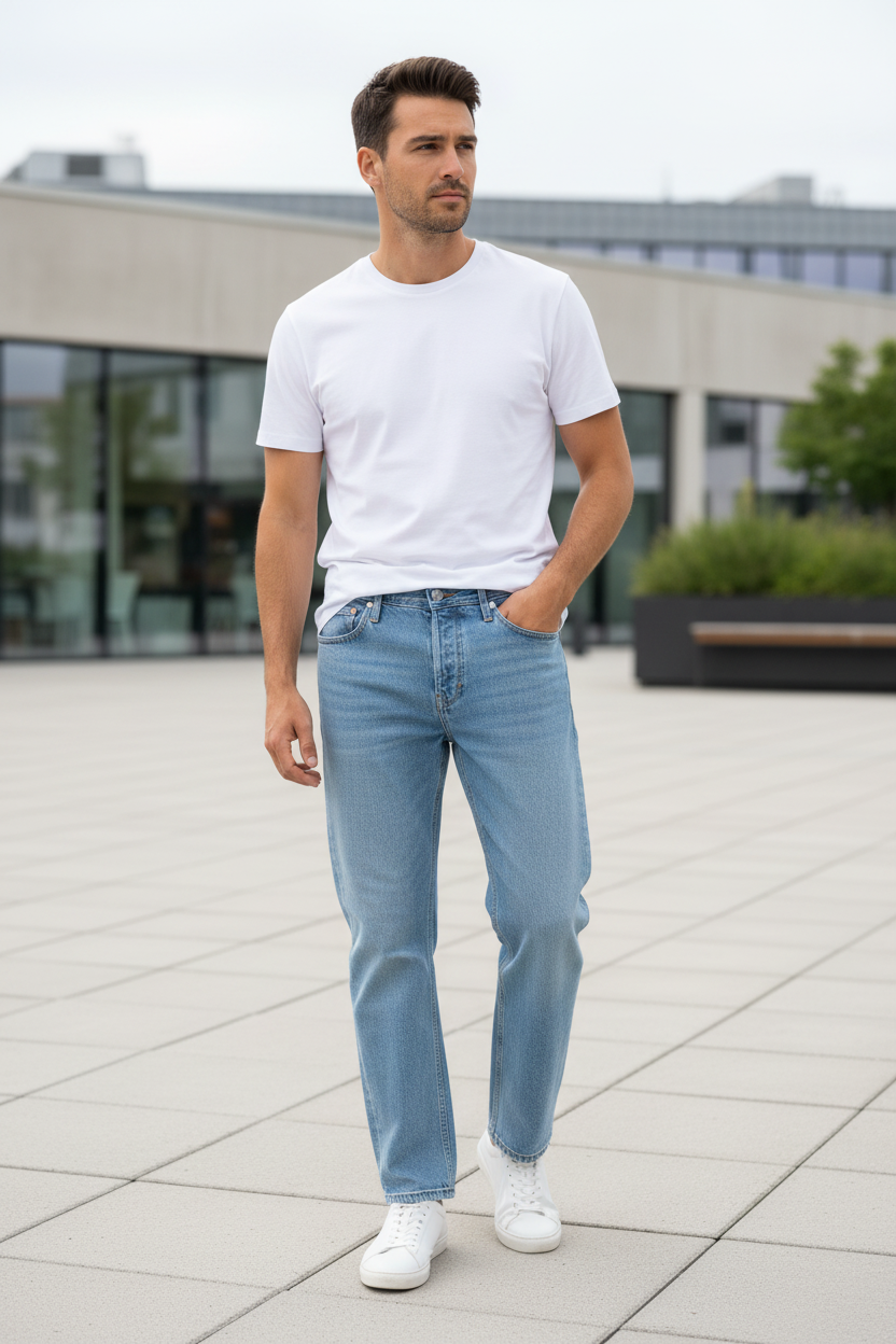 Model draagt Jack & Jones Relaxed Chris jeans