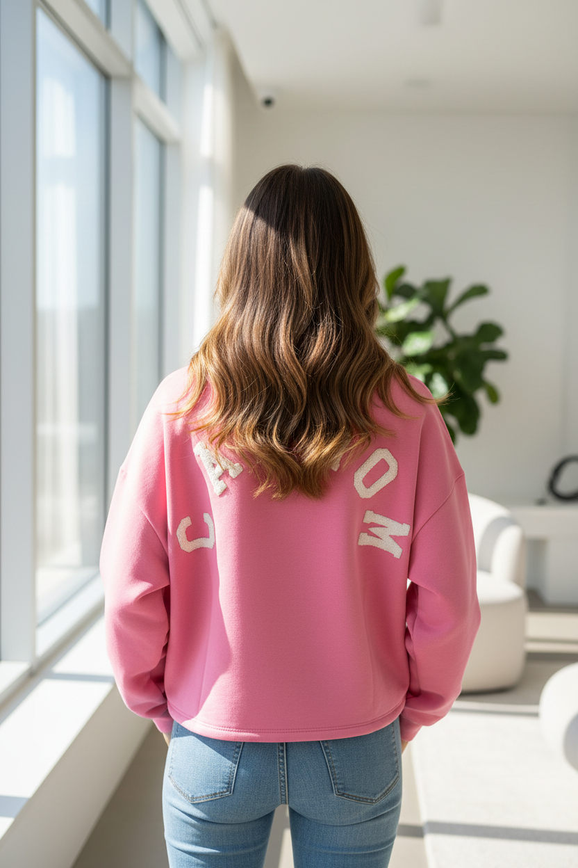 Model draagt roze CATMOM oversized sweatshirt met witte letters - rugfoto