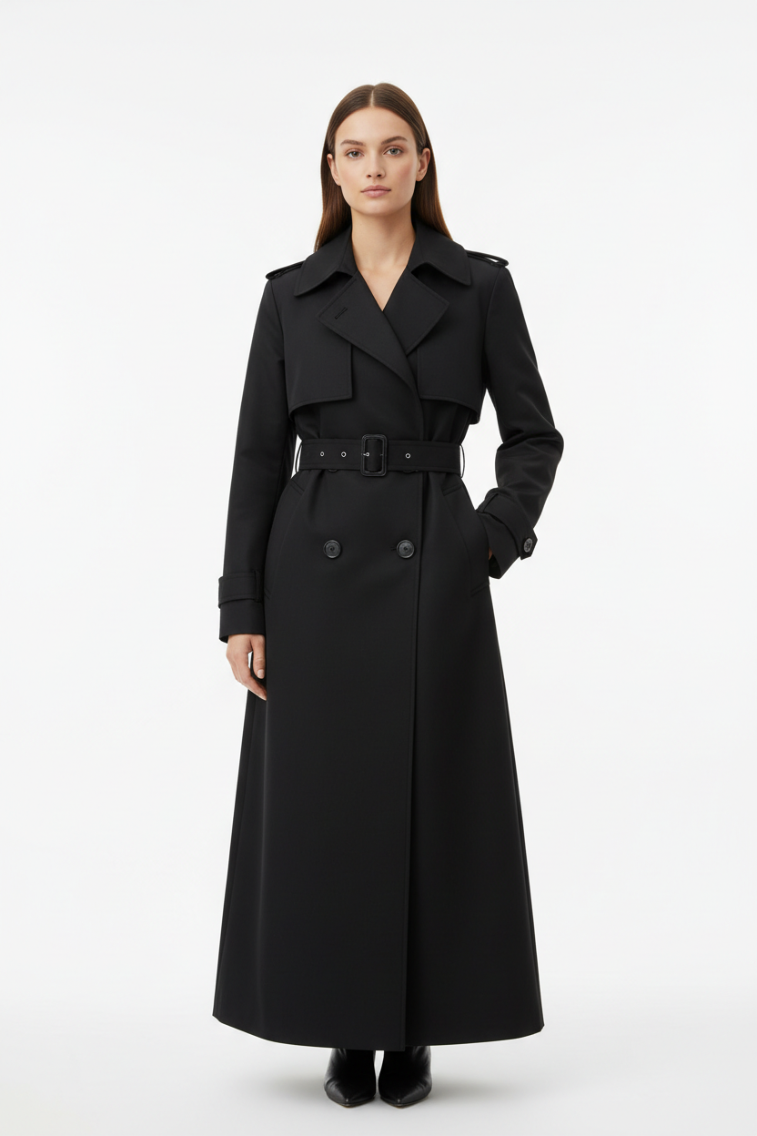 Model in zwarte trenchcoat