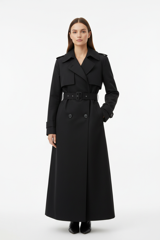 Model in zwarte trenchcoat