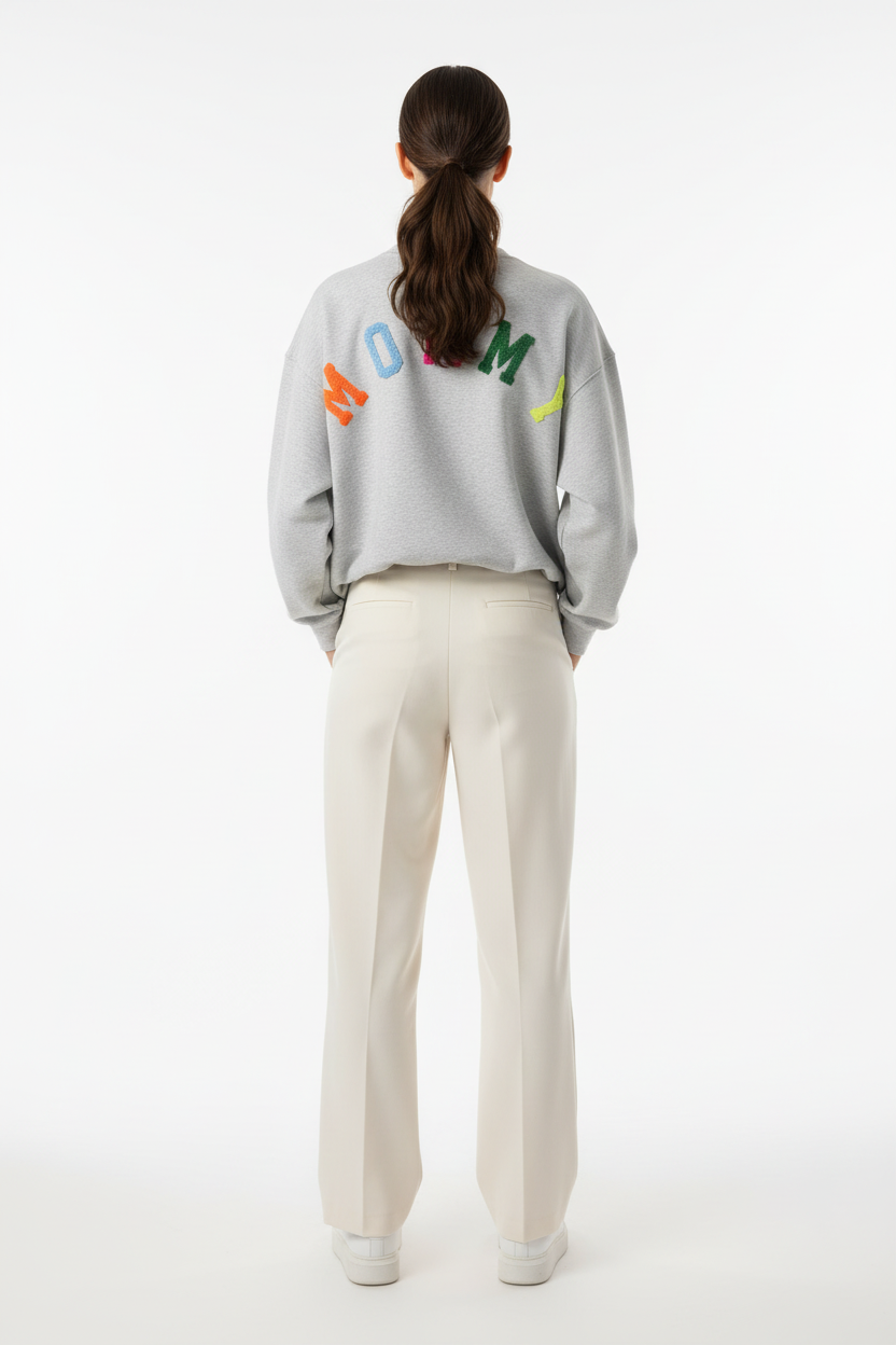 MOMMY sweatshirt grijs kleurrijk achterkant op model