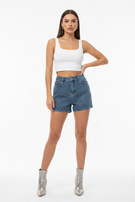 short Gimme Jeans glitter aan model